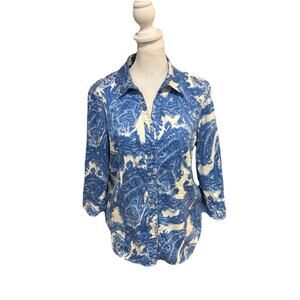 Chico Size 1 Blouse 1/2 Sleeves Collared Blue& White Swirl Pattern